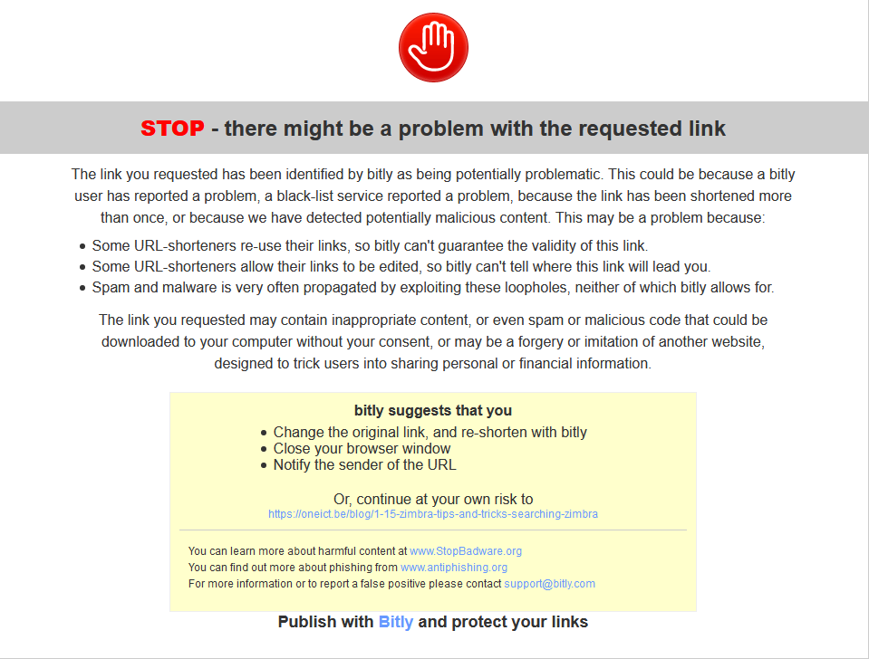 Bitly warning and stop page blocking access to your website